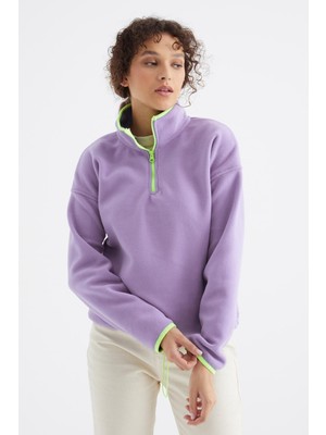 Die Grup Açık Eflatun Yarım Fermuar Etek Ucu Büzgülü Dik Yaka Oversize Kadın Polar Sweatshirt - 97234