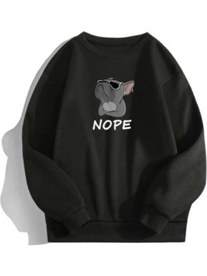 Die Grup Tarzsokak Siyah Oversize Kapşonsuz 0 Yaka Bulldog Baskılı Pamuklu Sweatshirt, Siyah, Xl