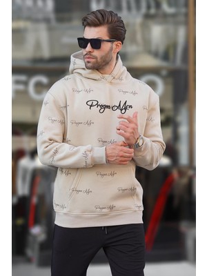 Die Grup Madmext Bej Baskılı Kapşonlu Cep Detaylı Erkek Sweatshirt 7075,BEJ S