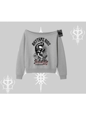 Die Grup Tarzsokak Kayık Yaka Sweatshirt Rhythms Riot Vintage Rockabilly Skull Street Aesthetic, Gri, L