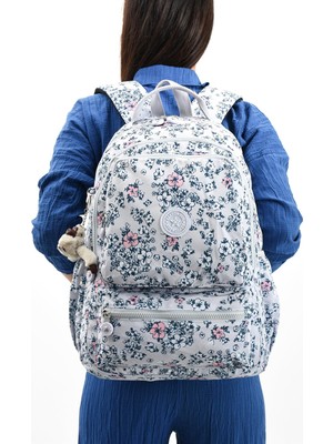 Die Grup EBA-9512 Klinkır Okul Çantası Sırt Çanta Günlük Gezi Spor Seyahat Tatil Çok Gözlü Laptop Bölmeli White Flower