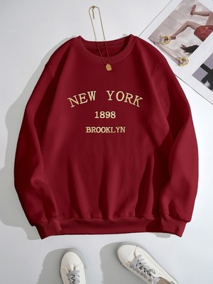 Die Grup Tarzsokak Kod Adr-Shen Ezwear Letter Graphic Thermal Lined Sweatshirt, Burgundy, L/xl