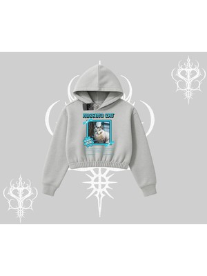 Die Grup Tarzsokak Missing Cat Baskılı Kapşonlu Crop Sweatshirt, Gri, M