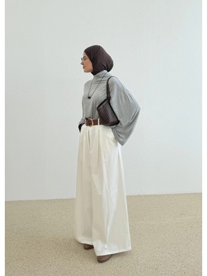Moda Aksa 3942 Kalın Kemer Pantalon Ekru