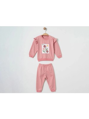 Pembe – Çiçek Baskılı Fırfır Detaylı Kız Bebe Takım