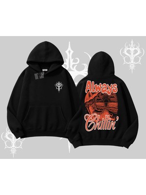 Die Grup Tarzsokak Always Chillin Kedi Arka Baskılı Kapşonlu Sweatshirt, Siyah, S