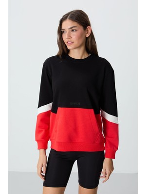 Die Grup Siyah Kompakt Pamuklu Kalın Pürüzsüz Dokulu O Yaka Oversize Fit Kadın Sweatshirt - 97289