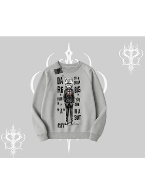 Die Grup Tarzsokak Dream Big Yazılı Takım Elbiseli Kedi Baskılı Biskilet Sweatshirt, Gri, M