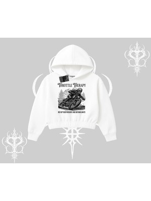Die Grup Tarzsokak Kapşonlu Crop Sweatshirt Throttle Therapy No Brakes Just Freedom, Beyaz, Xl