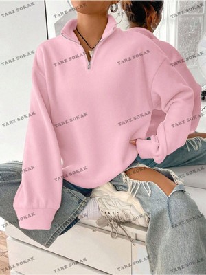 Die Grup Tarzsokak Y2K Yarım Fermuarlı Bay Sweatshirt Pembe, PEMBE-144, S