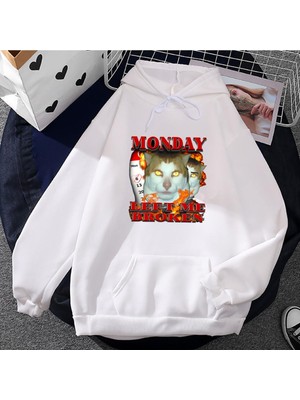 Die Grup Tarzsokak Beyaz Unisex Pazartesi Sol Bana Kırık Kedi Meme Kapşonlu Streetwear Hip Hop Rah, BEYAZ-1293, M