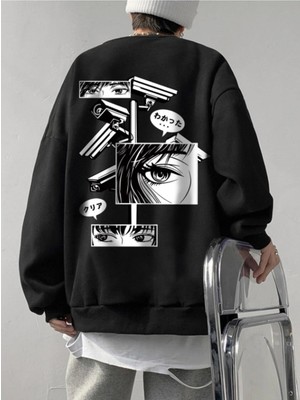 Die Grup Tarzsokak Unisex Kadın/erkek Siyah Anime Oversize Bisiklet Yaka Pamuklu Sweatshirt, Siyah, L/xl