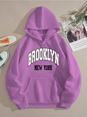 Die Grup Tarzsokak Brooklyn Baskılı Üç Iplik Ünisex Oversize Kapüşonlu Sweatshirt Mor, Mor, M