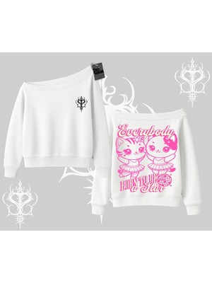 Die Grup Tarzsokak Born To Be A Star Yazılı Sevimli Kedi Arka Baskılı Kayık Yaka Sweatshirt, Beyaz, L