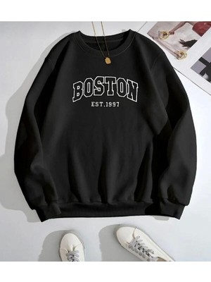 Die Grup Tarzsokak Siyah Unisex Boston Baskılı 0 Yaka Kapşonsuz Pamuklu Sweatshirt, Siyah, S