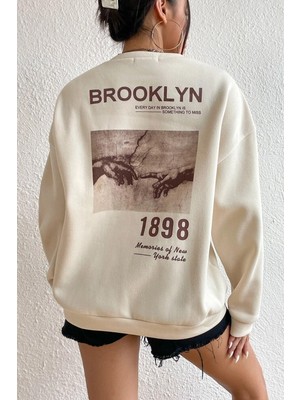 Die Grup Tarzsokak Unisex Bej Brooklyn 1898 Baskılı Bisiklet Yaka Oversize Sweatshirt New YORK21 Bej, Bej, L/xl