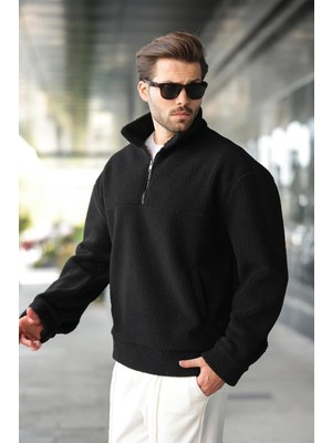 Die Grup Madmext Siyah Yarım Fermuarlı Dik Yaka Polar Sweatshirt E7165,SIYAH S