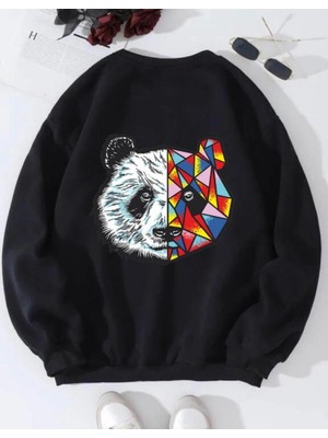 Die Grup Tarzsokak Siyah Oversize Panda Baskılı Pamuklu 0 Yaka Kapşonsuz Unisex Sweatshirt, Siyah, S