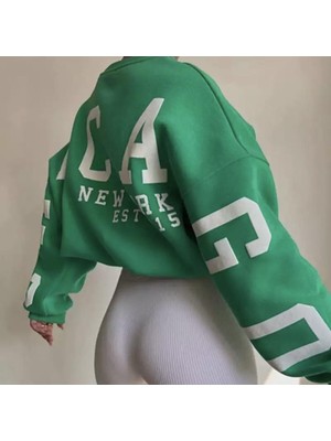 Die Grup Tarzsokak Özel Tasarım Bisiklet Yaka New York Baskılı Geniş Oversize Sokak Stili Kadın Sweats Yeşil, Yeşil, L