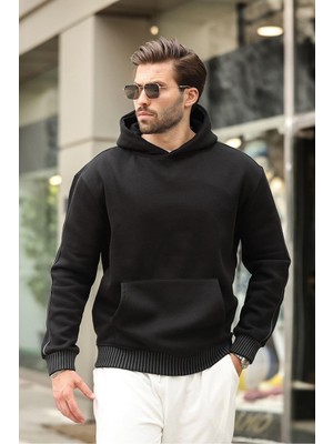 Die Grup Madmext Siyah Kapüşonlu Kanguru Cep Erkek Sweatshirt E7163,SIYAH M