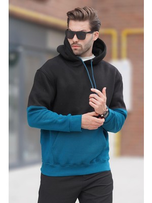 Die Grup Madmext Siyah Kapüşonlu Renk Bloklu Baskı Detaylı Erkek Sweatshirt 7046,SIYAH S
