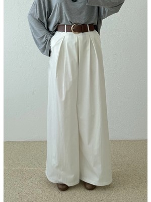 Moda Aksa 3942 Kalın Kemer Pantalon Ekru