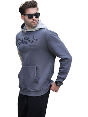 Die Grup Madmext Füme Kapüşonlu Cep Detaylı Baskılı Erkek Sweatshirt 7058,FÜME M
