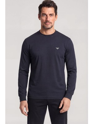 Die Grup Erkek Kartal Logo Işlemeli Yuvarlak Yakalı Uzun Kollu Lacivert T-Shirt EM005362 AF13669-UB118