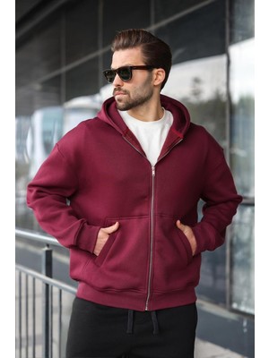 Die Grup Madmext Bordo Fermuarlı Kapüşonlu Erkek Hırka E7174,BORDO 2xl