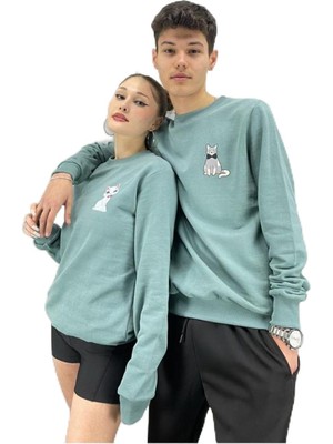 Die Grup Tarzsokak Unisex Nefti Yeşil Kedicik Baskılı Bisiklet Yaka Sevgili Çift Kombini 2'li Set, Yeşil, S