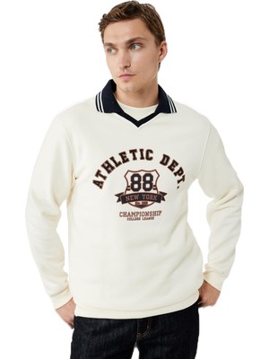 Die Grup Renk Kontrastlı Polo Yaka Uzun Kollu Kolej Baskılı Sweatshirt