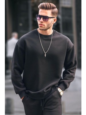 Die Grup Madmext Siyah Bisiklet Yaka Oversize Şardonlu Basic Erkek Sweatshirt 6048,SIYAH Xl