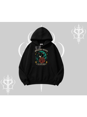 Die Grup Tarzsokak Midnight Petals Kedi Baskılı Kapşonlu Sweatshirt, Siyah, L