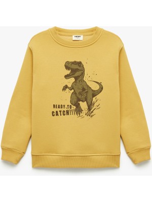Die Grup Dinozor Baskılı Uzun Kollu Şardonlu Bisiklet Yaka Sweatshirt
