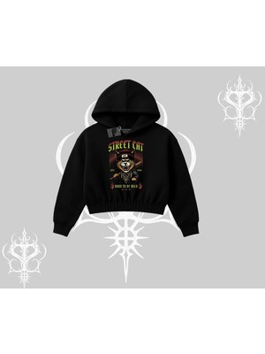 Die Grup Tarzsokak Street Cat Kedi Baskılı Kapşonlu Crop Sweatshirt, Siyah, Xl