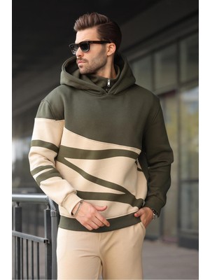 Die Grup Madmext Haki Kapüşonlu Fermuar Yaka Desenli Erkek Sweatshirt E7162,HAKI S