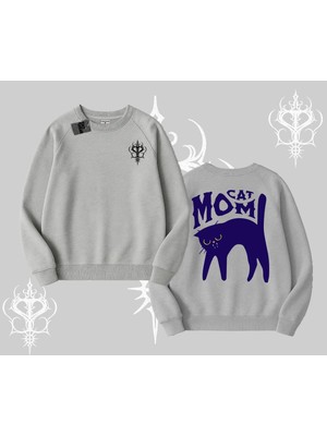 Die Grup Tarzsokak Cat Mom Yazılı Minimal Kedi Arka Baskılı Biskilet Sweatshirt, Gri, S