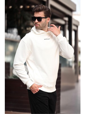 Die Grup Madmext Ekru Kapüşonlu Cep Detaylı Nakışlı Erkek Sweatshirt 7050,EKRU Xl