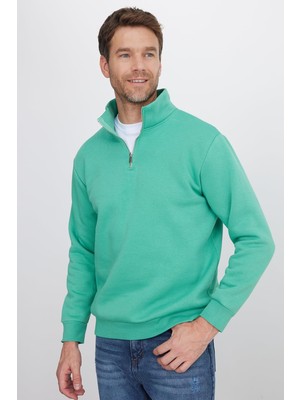 Die Grup Tudors Relax Fit Rahat Kesim Pamuklu Içi Polarlı Yarım Fermuarlı Dik Yaka Sweatshirt, L, SW240002, Yeşil, Erkek