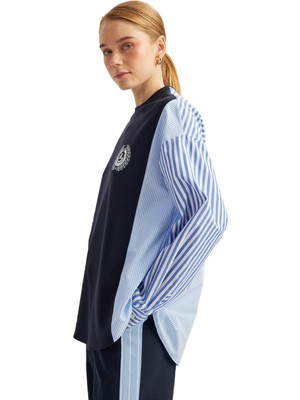 Die Grup Koton Iki Farklı Kumaş Detaylı Rahat Kalıp Uzun Kollu Bisiklet Yaka Çizgili Sweatshirt