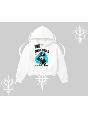 Die Grup Tarzsokak Kapşonlu Crop Sweatshirt Anime Cyberpunk Kız Baskılı, Beyaz, Xl