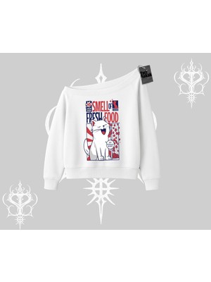 Die Grup Tarzsokak Smell Of Fresh Food Kedi Baskılı Kayık Yaka Sweatshirt, Beyaz, S