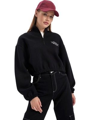 Die Grup Defacto Coool Crop Yarım Fermuarlı Kalın Sweatshirt Siyah L