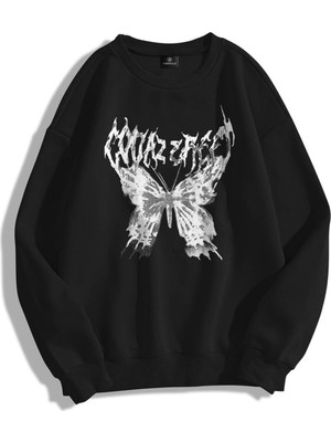 Die Grup Tarzsokak Unisex Punk Kelebek Bisiklet Yaka Sweatshirt Siyah, SIYAH-572, Xl