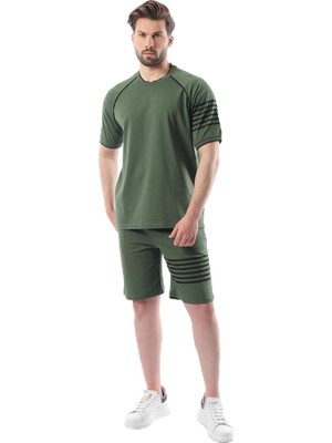 Die Grup Madmext Haki Baskılı Reglan Kol Erkek Şort T-Shirt Takımı E7306,HAKI M