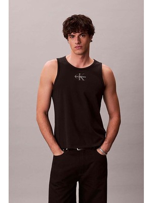 Die Grup Erkek Slim Fit Yuvarlak Yaka Ck Desen Kolsuz Siyah T-Shirt LV04RF850G-UB1