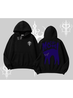 Die Grup Tarzsokak Cat Mom Yazılı Minimal Kedi Arka Baskılı Kapşonlu Sweatshirt, Siyah, S