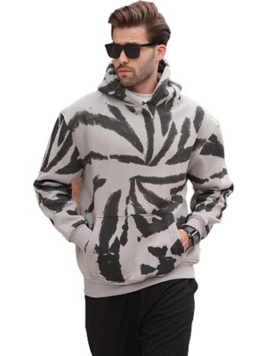 Die Grup Madmext Boyalı Gri Kapüşonlu Cep Detaylı Baskılı Erkek Sweatshirt 7087,BOYALI Gri M