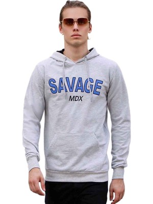Die Grup Madmext Basklı Gri Kapşonlu Sweatshirt 4147,GRI L