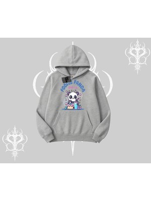 Die Grup Tarzsokak Kapşonlu Sweatshirt Foodie Panda Tatlı ve Sevimli Panda Baskılı, Gri, Xl